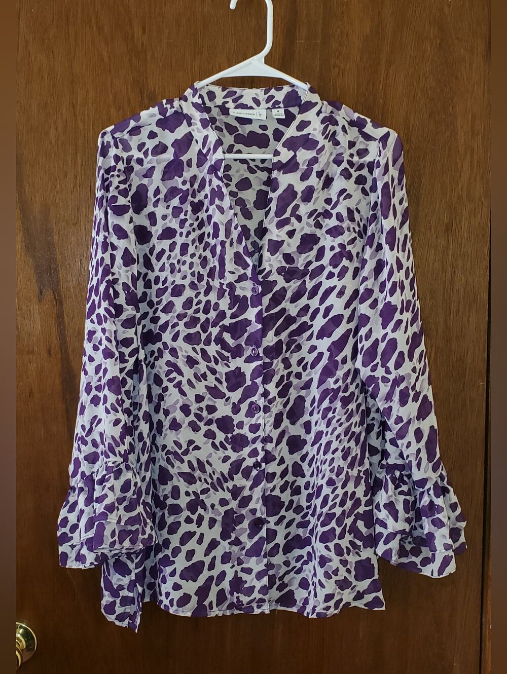 Susan Graver Purple Animal Print Blouse Sz Medium Semi Sheer